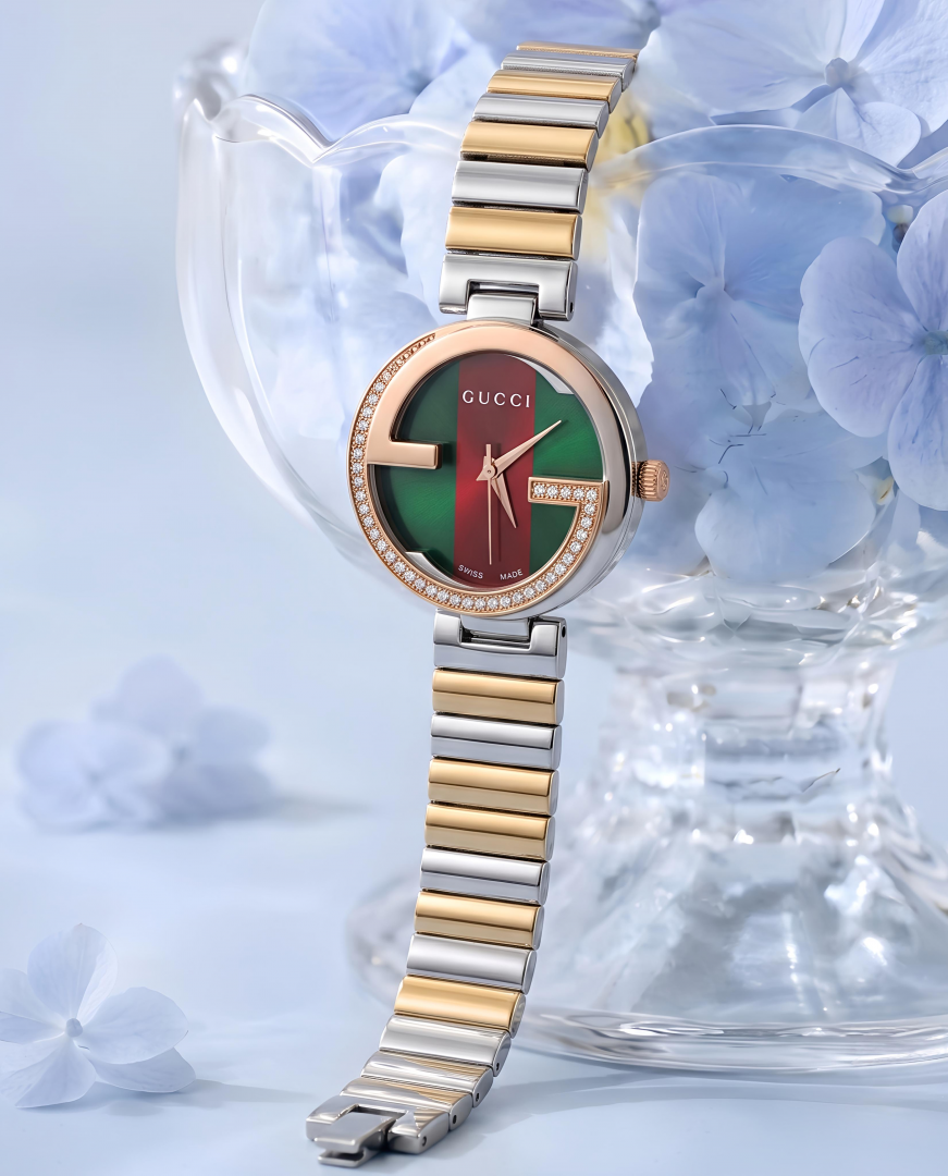 Gucci G-Timeless Inspired Women's Watch – Green & Red Dial | Two-Tone Gold Edition
